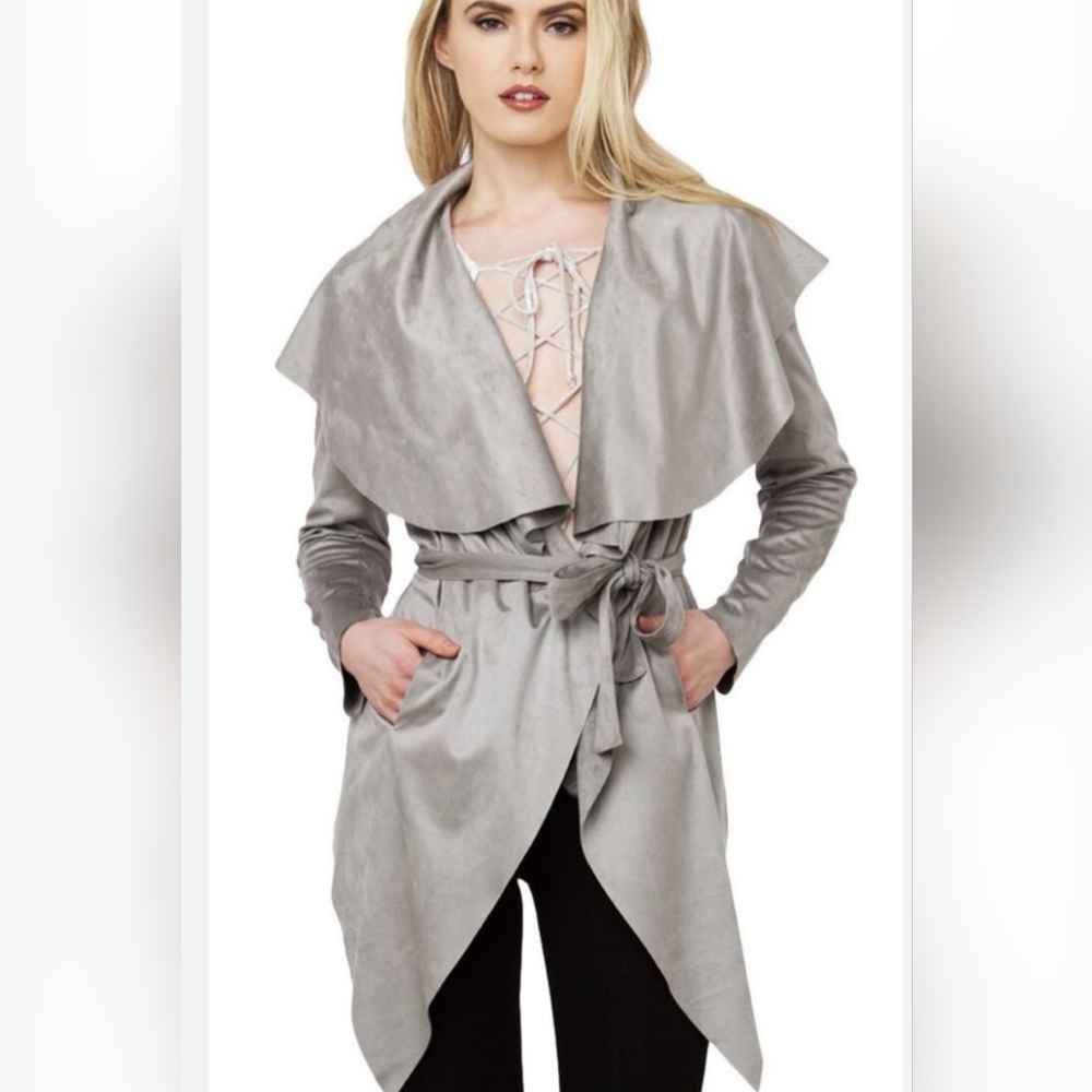 Women's Soft Suede Drape Wrap Jacket in Soft Gray